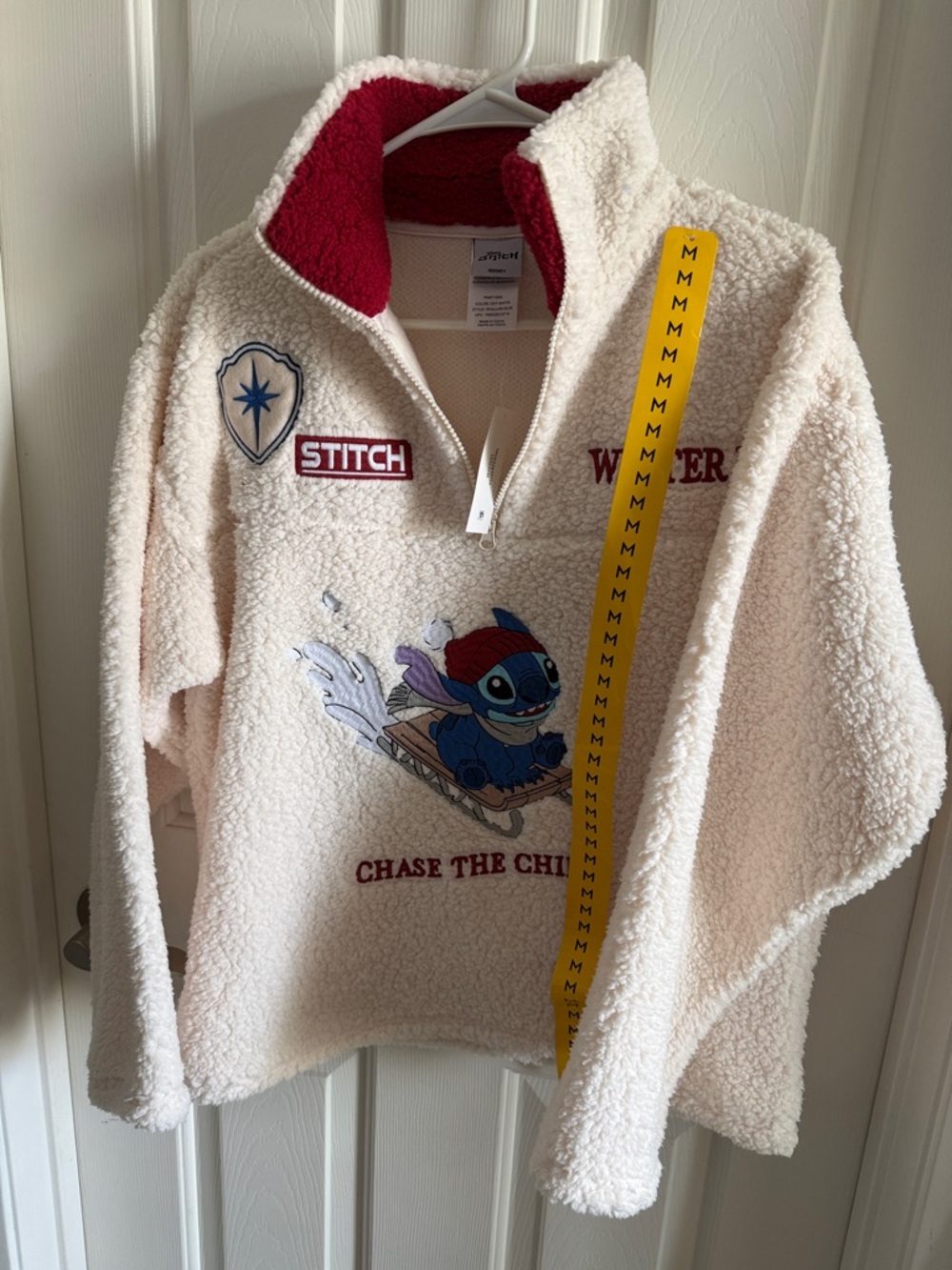 Disney Cream Sherpa Pullover Jacket with Red Collar and Stitch Sled Graphic